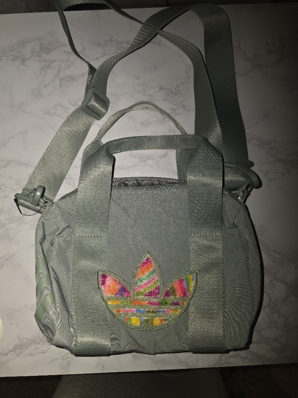 Adidas Originals Trefoil Chenille mini duffel/crossbody bag — silver green with
